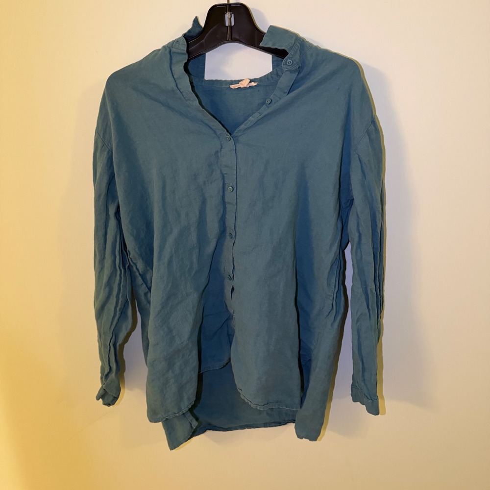 Eileen Fisher Linen Button Down Teal Blue Medium Oversized Minimalist Casual